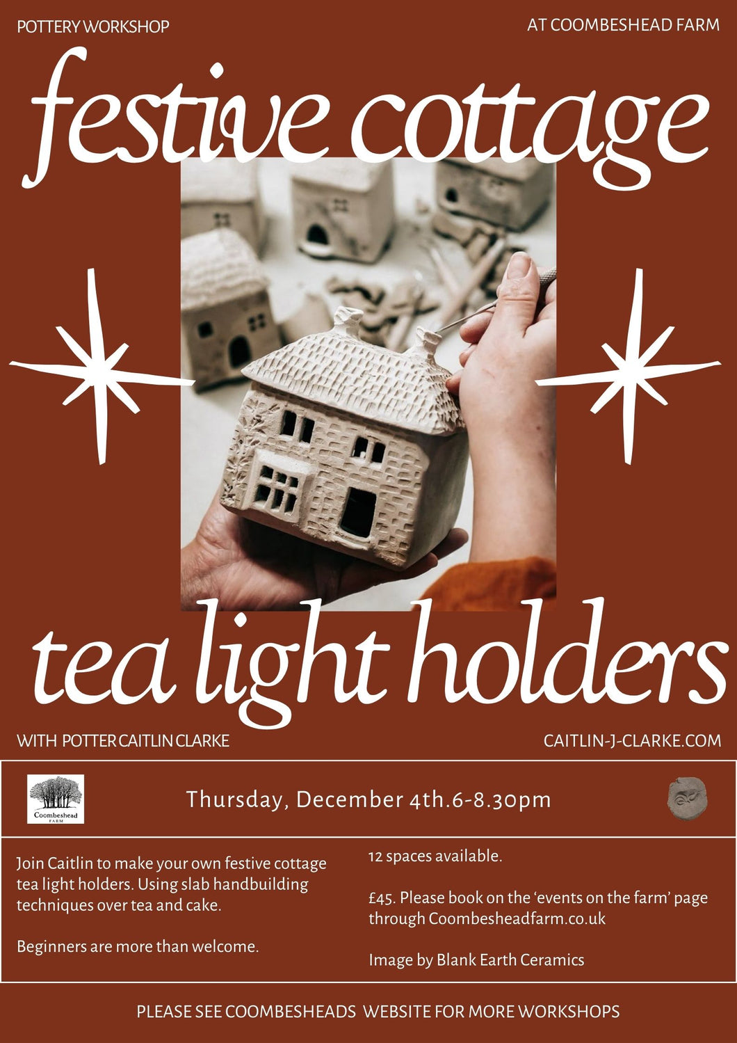 Thursday 4th December  - Pottery Workshop: Festive Cottage Tealight holders -6pm - 8.30pm